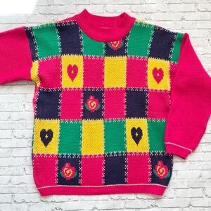 Vintage Colorful Patchwork Sweater with Heart & Rose Patterns